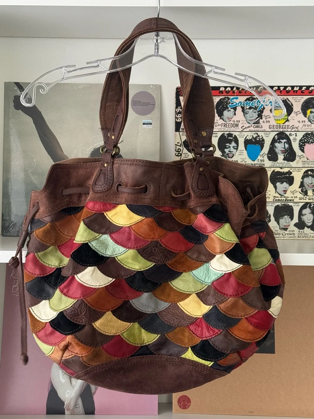 LUCKY BRAND Vintage Rainbow Patchwork Suede Leather Hobo Shoulder Bag